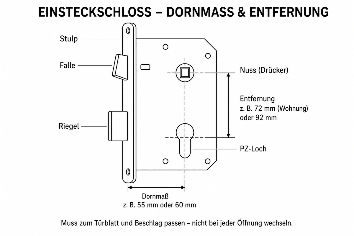 Einsteckschloss mit Dornmaß und Entfernung, Falle und Riegel