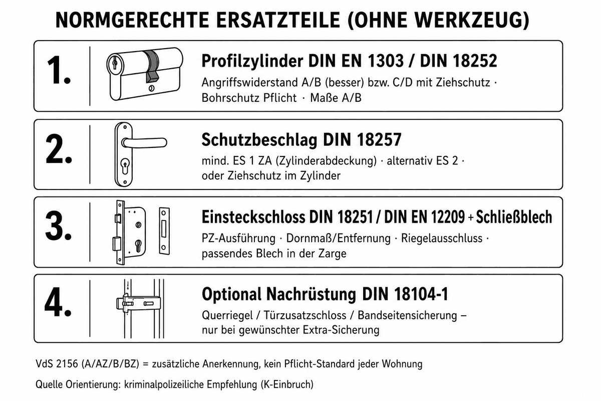 Übersicht normgerechter Ersatzteile: Zylinder, Schutzbeschlag, Einsteckschloss, optional Nachrüstung