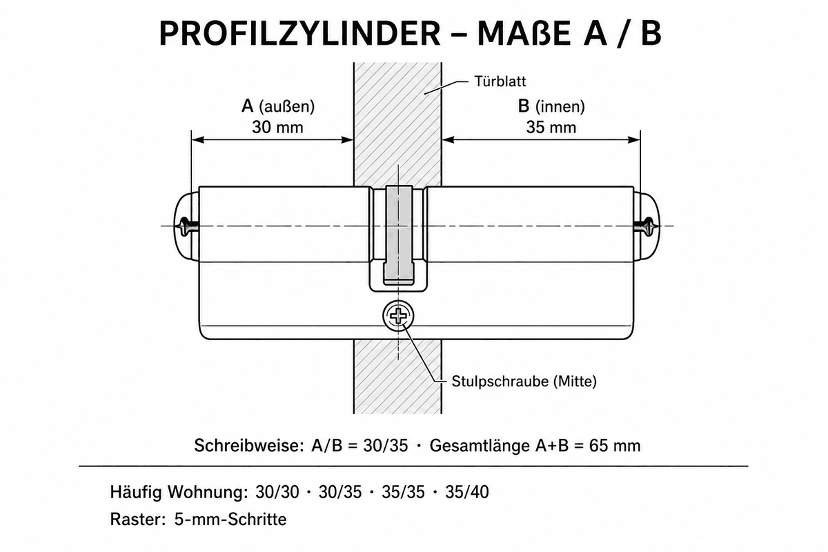 Profilzylinder Maße A außen und B innen von der Stulpschraube, Beispiel 30/35 mm