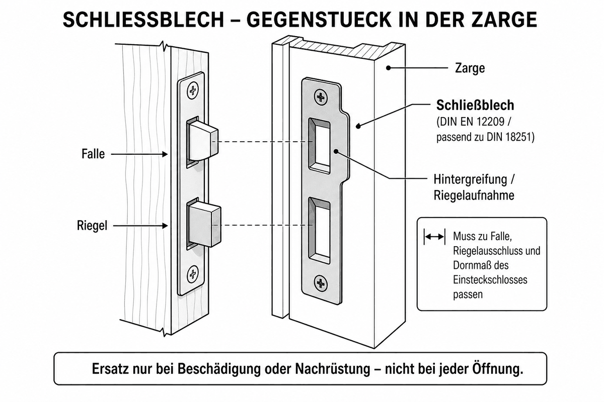 Schließblech in der Zarge als Gegenstück zu Falle und Riegel